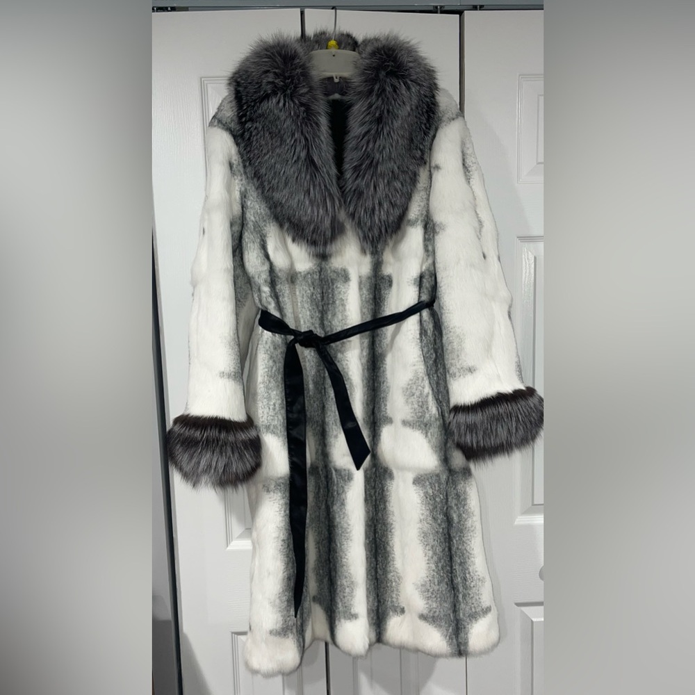 Rabbit full length coat with fox collar